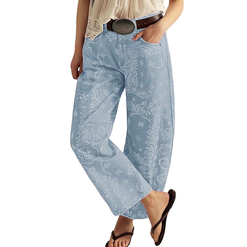 Loveimgs Women Blue Paisley Floral Barrel Leg Relaxed Denim Jeans Size M